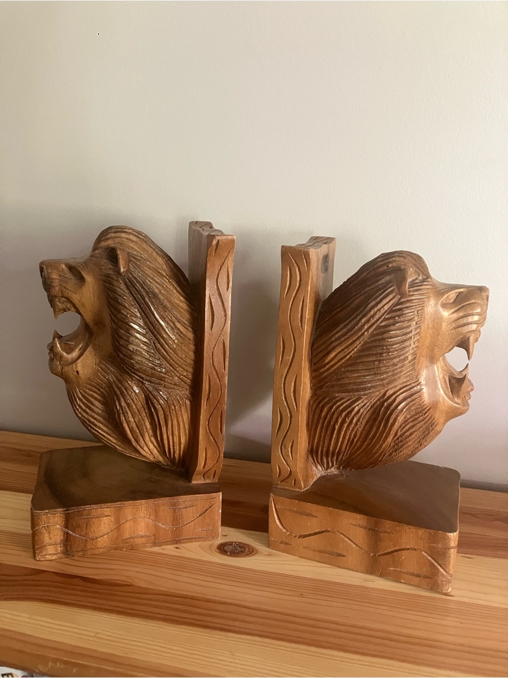 Vintage Hand Carved Wooden Lion Head Bookends Pair of Roaring Library Lions